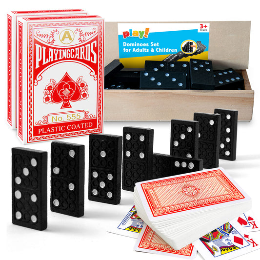 Playing Cards & Dominoes Game Set | 2 Pack Plastic Coated Cards + 28 Dominoes