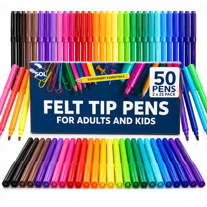50 Felt Tip Pens for Adults and Kids - 25 Vibrant Colours - 2pk x 25pcs