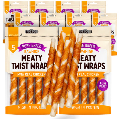 Dog Chews Rawhide Twists Wrapped in Chicken Healthy Treats | 50 Pack