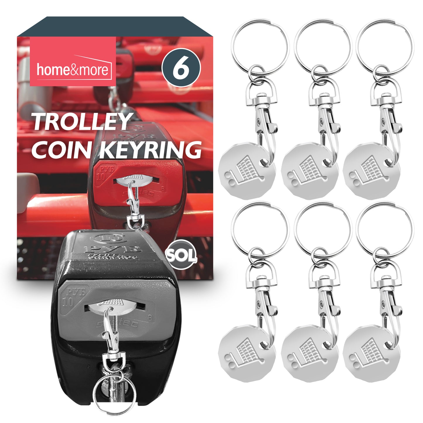 6 Trolley Coin Keyring Removable Supermarket £1 Pound Shopping Cart Token Holder