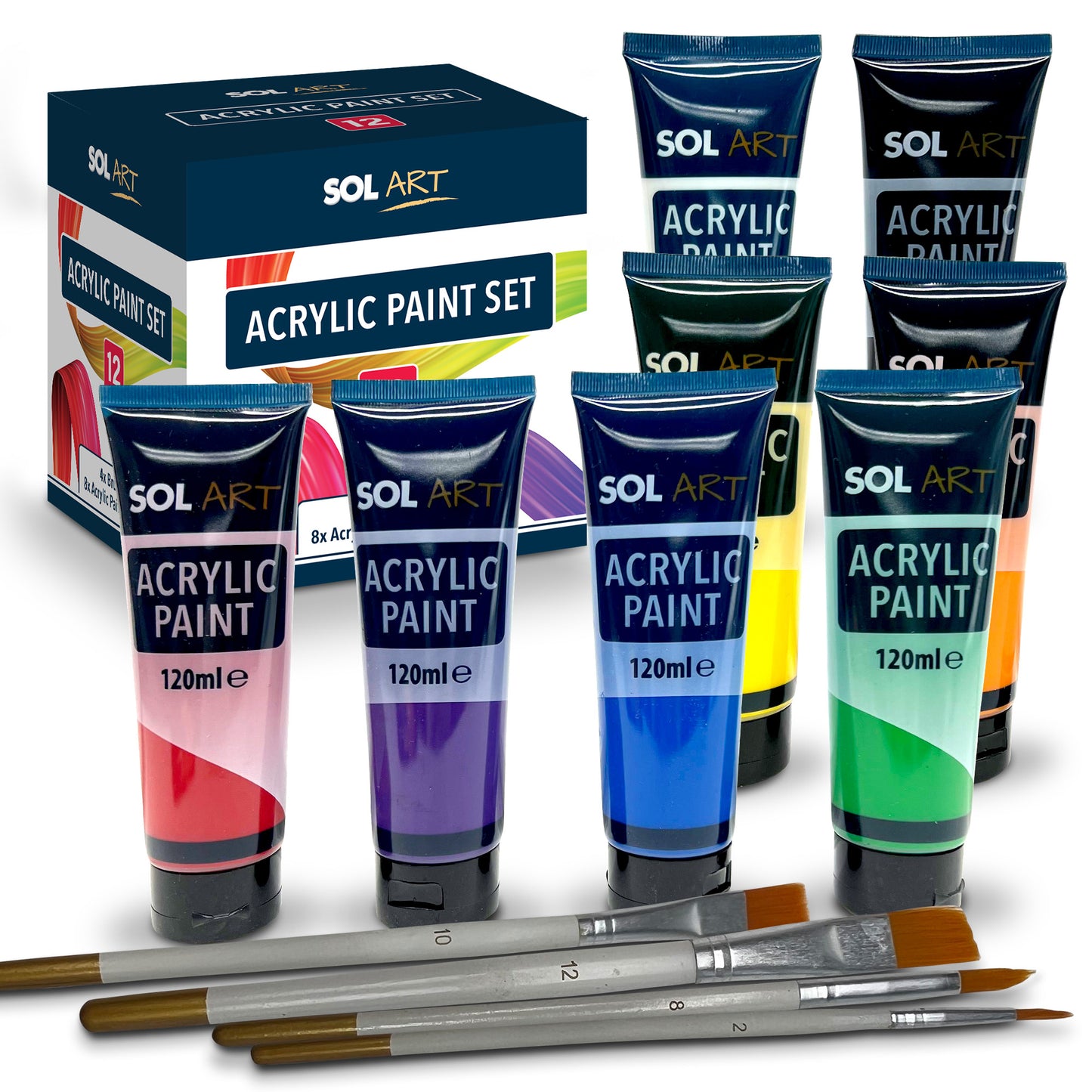 8 Tubes Acrylic Paint 120ml + 4 Artists Brushes Set Assorted Colours Arts Crafts