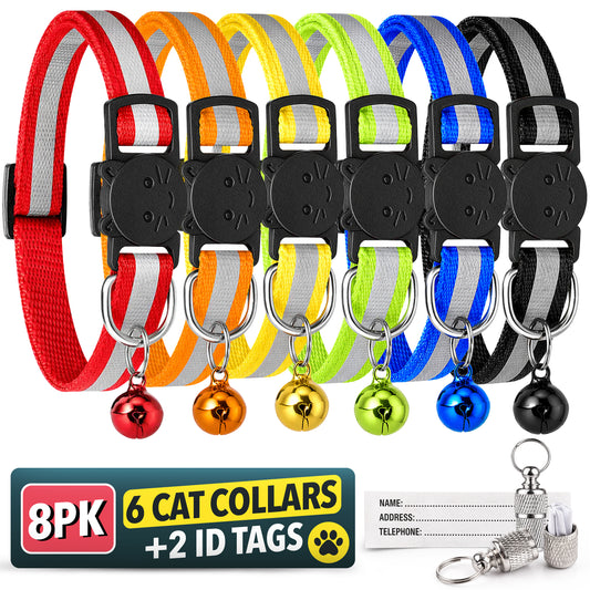 Reflective Cat Collar with Safety Release | ID Tag Bell | Quick Adjustable 6 Pack