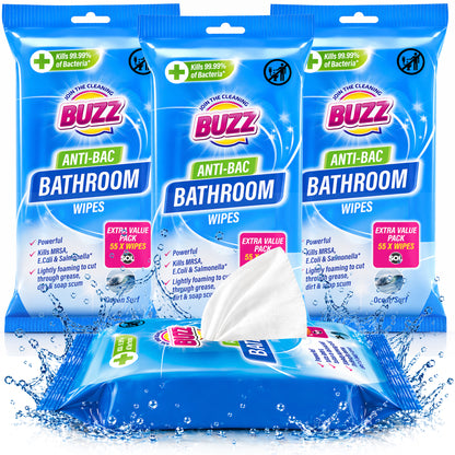 Buzz 220pk Bathroom Anti-Bac Wipes ,Ocean Scents Antibacterial Toilet Cleaning Sheets, Ultra-Strong Large Multi-Surface Cloths For Floors, Desk, Kitchen, Soap Scum Remover