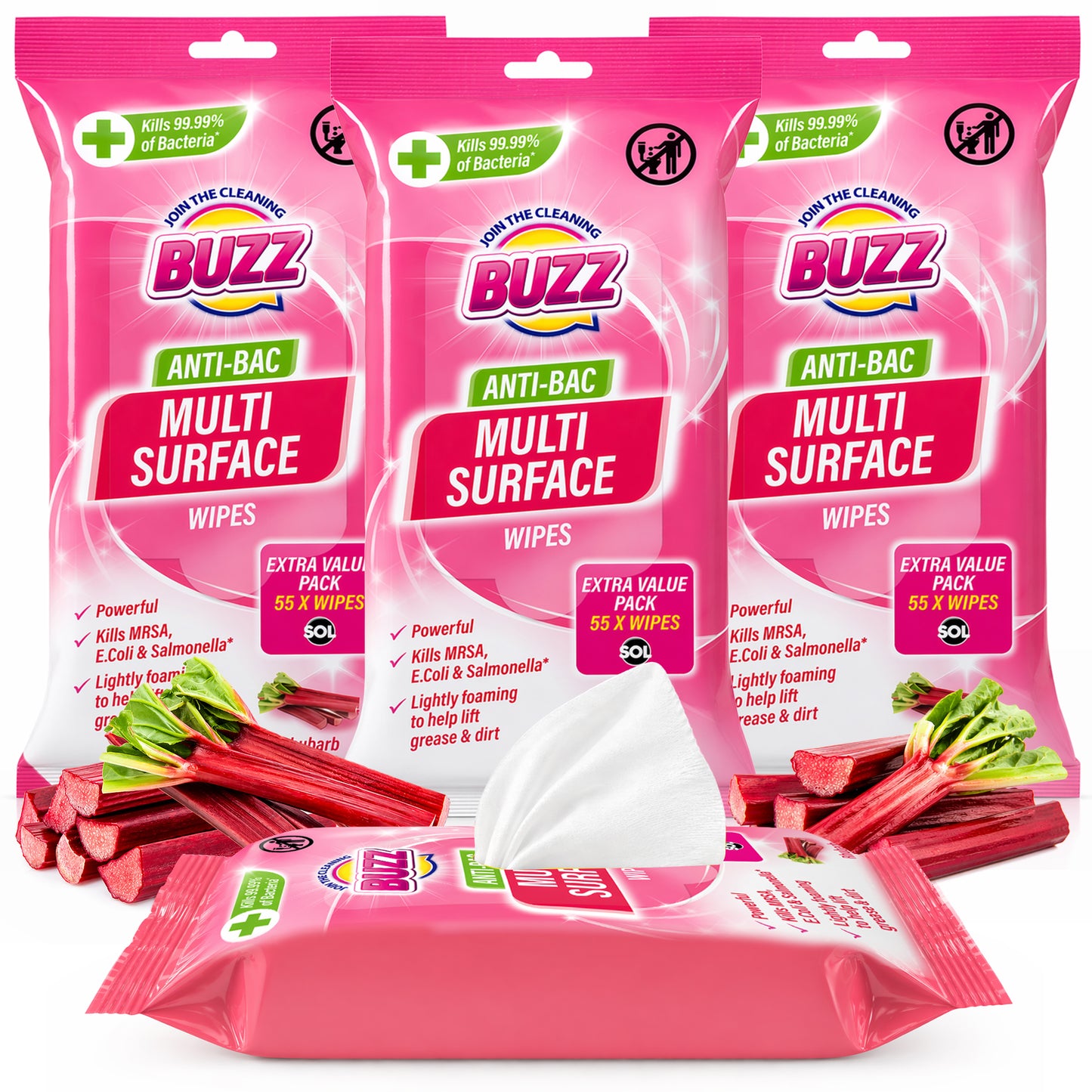 Buzz 220pk Anti-Bac Multisurface Wipes, 18cm X 19cm Rhubarb Scented Cleaning Wipes For Kitchen, Home & Office Surfaces, Multi-Purpose Surface Cleaner, Streak-Free, Quick-Drying, Remove Grease & Dirt