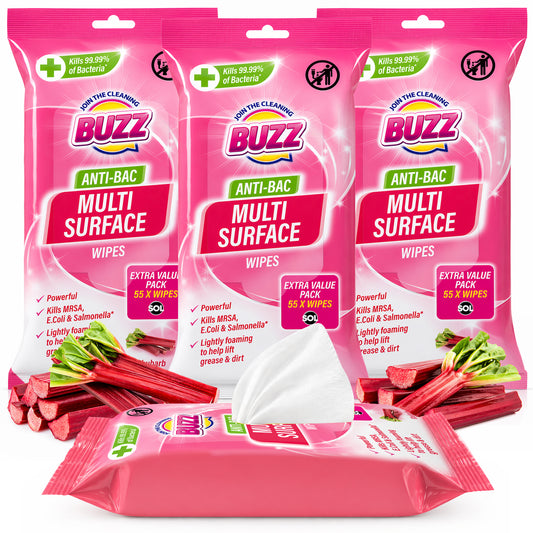 Buzz 220pk Anti-Bac Multisurface Wipes, 18cm X 19cm Rhubarb Scented Cleaning Wipes For Kitchen, Home & Office Surfaces, Multi-Purpose Surface Cleaner, Streak-Free, Quick-Drying, Remove Grease & Dirt