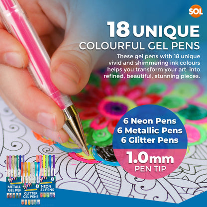 SOL 18pk Gel Pens, 3 Sets of Assorted Coloured Gel Pens for Writing, Glitter, Neon & Metallic Inks in Vibrant Colours, Smooth Ink Flow, Perfect for Journaling, Drawing, Crafting, and Office Supplies