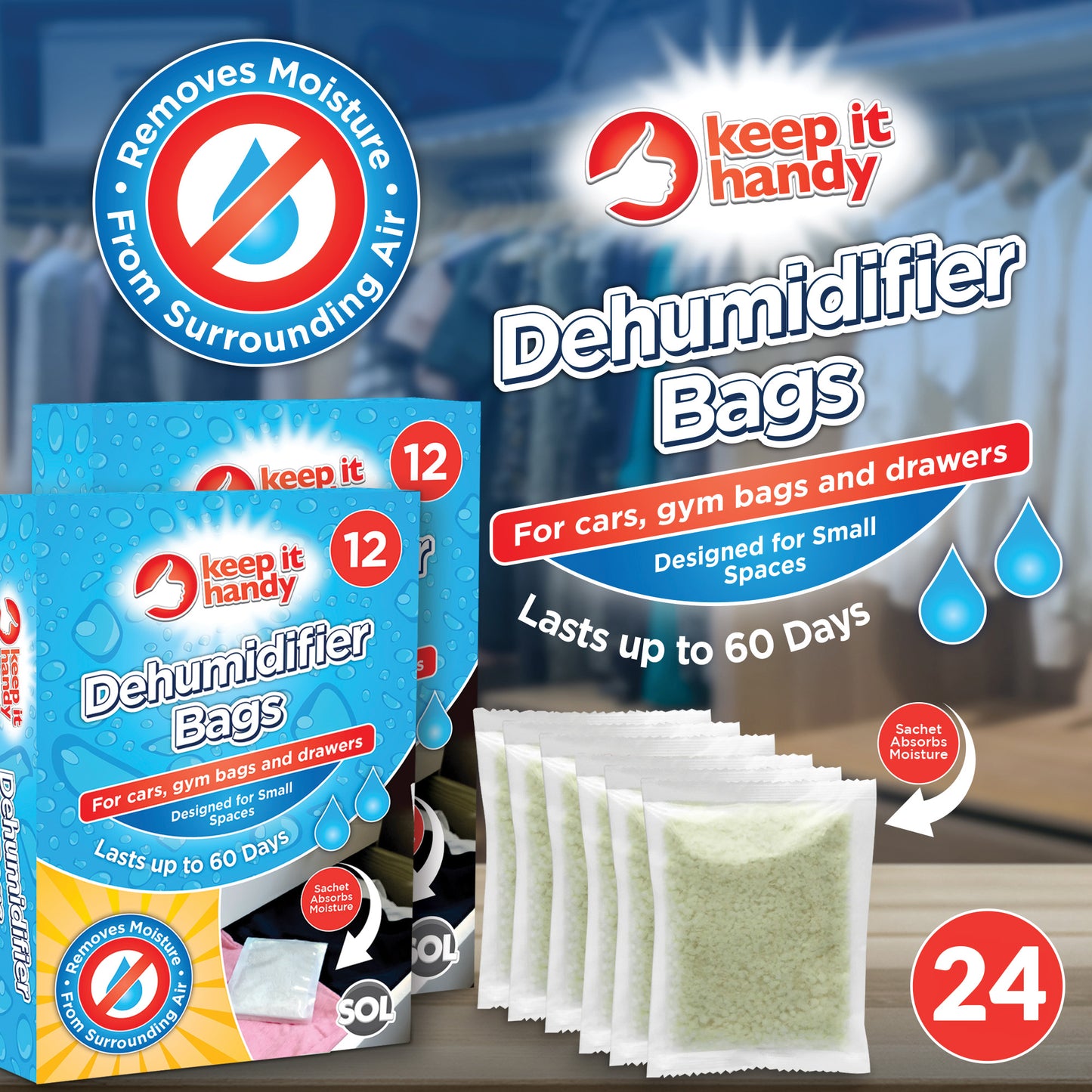 12-36 Small Space Dehumidifier Bags Wardrobe Sachets Damp Mould Moisture Drawers