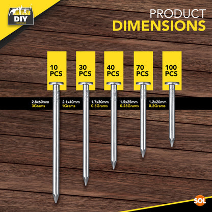 SOL 500pk Nail Set - 60mm, 40mm, 30mm, 25mm, 20mm - Versatile Iron Nails For DIY Projects, Crafting, And Home Décor - Multipurpose Assorted Sizes For Repairs & Woodworking