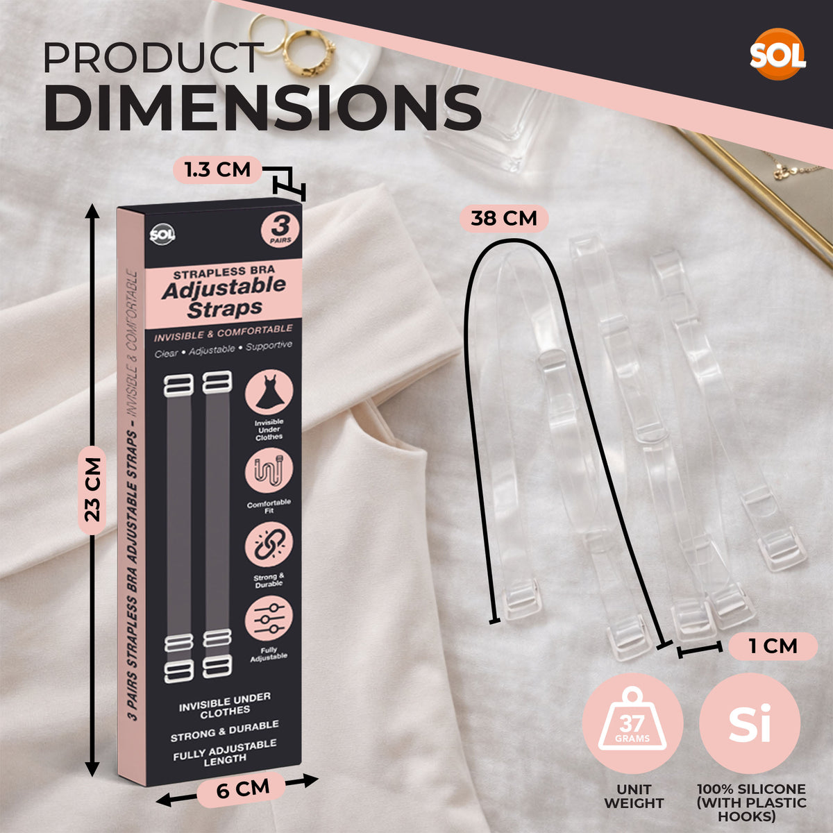 SOL 3 Pairs Clear Bra Straps - Adjustable Invisible Silicone Design