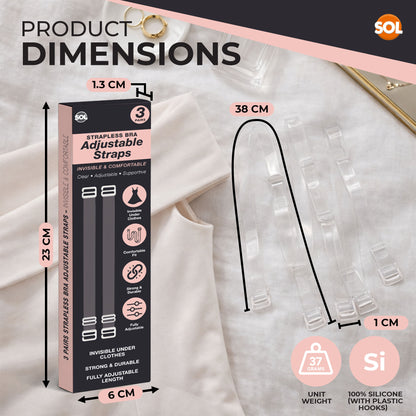 SOL 3 Pairs Clear Bra Straps - Adjustable Invisible Silicone Design