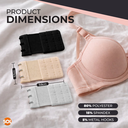 SOL 3pk Bra Extenders with 3 Hooks - Black, White and Skin Colour Shades