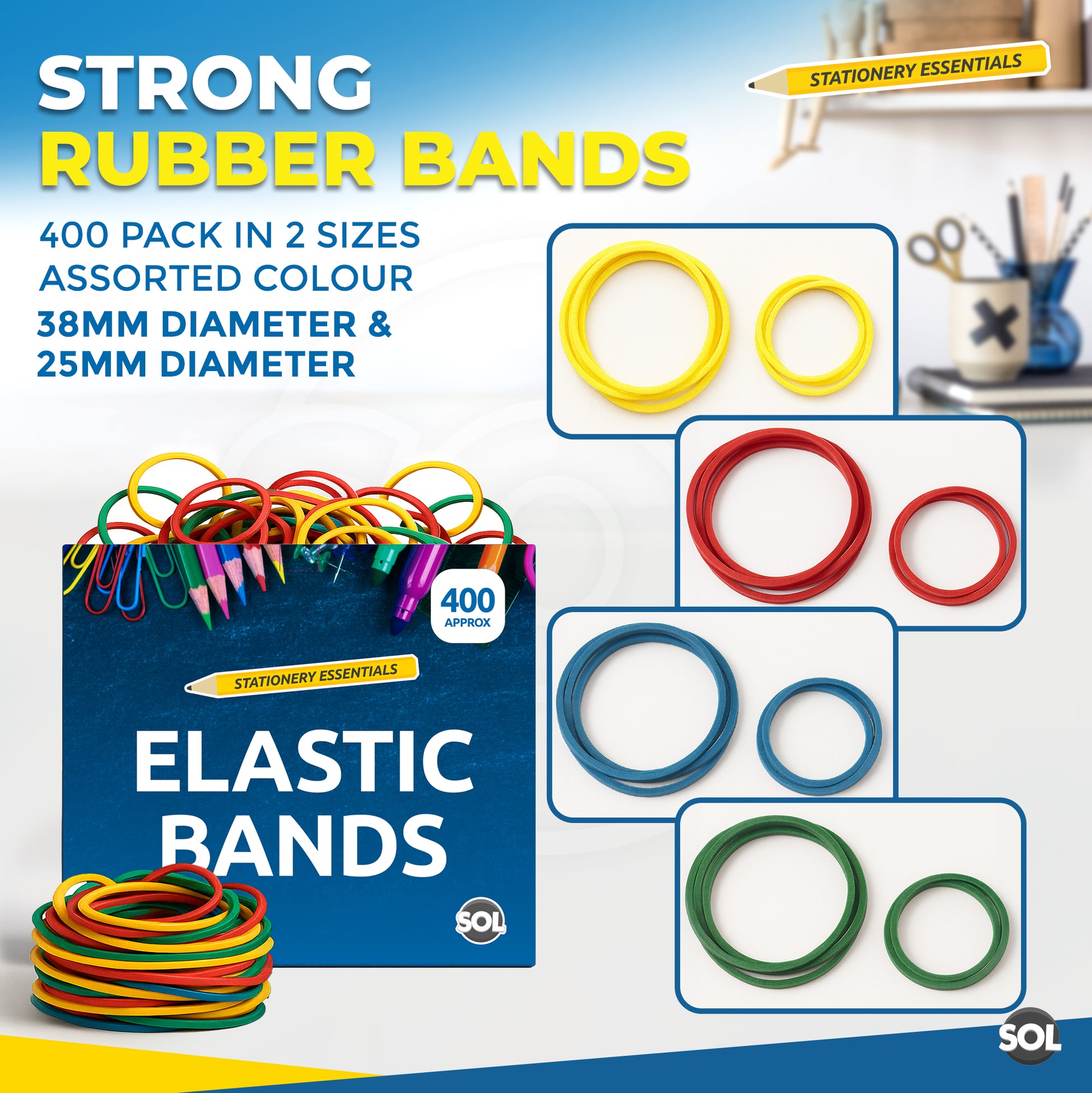 Strong Elastic Rubber Bands | Assorted Colours Home School Office | 400 Pack