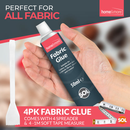 SOL 4pk x 50ml Fabric Glue Strong with Spreader & Tape Measure - Scout Badge Adhesive for Crafts, Upholstery, Material, Textile, Felt or Wool - Waterproof, Flexible, Fast Drying, Durable Bond