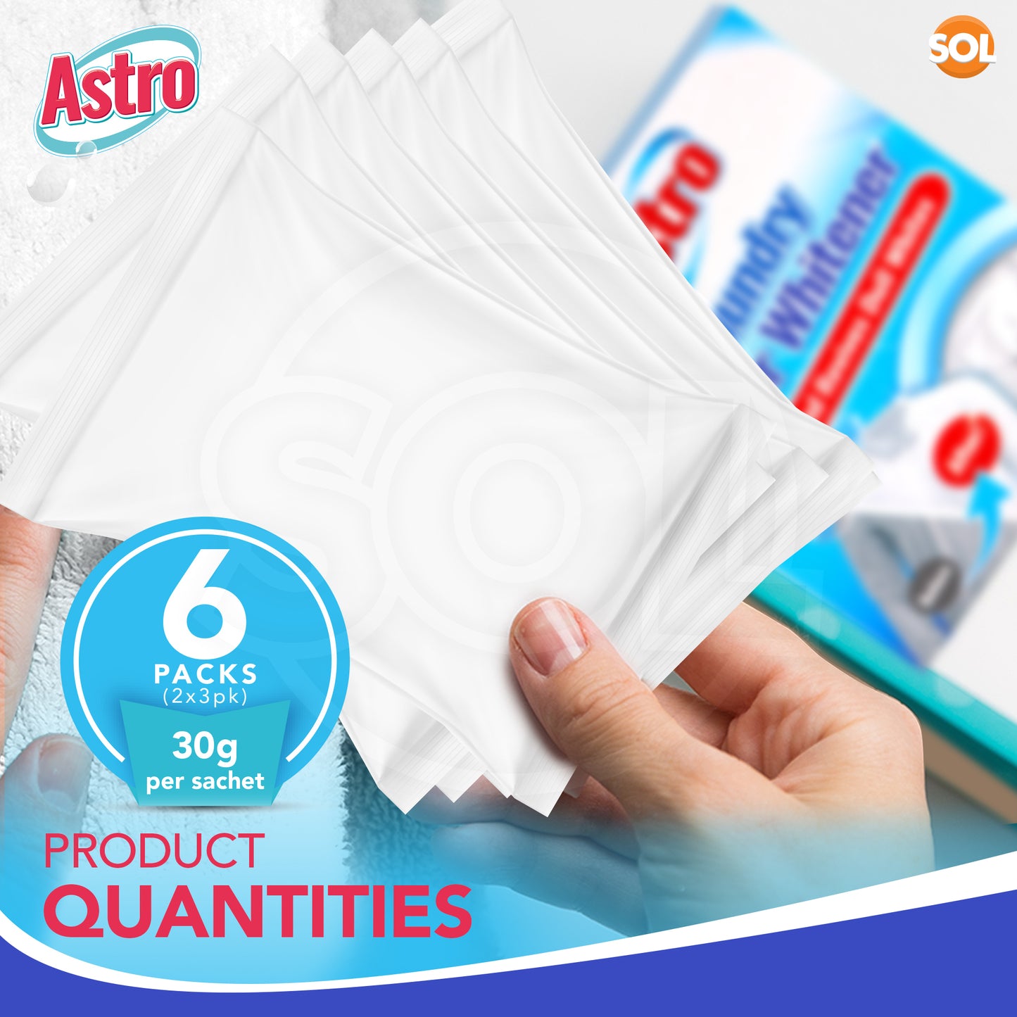 6pk Laundry Super Whitener Oxi White Washing Powder 2 x 3 Sachets All Fabrics