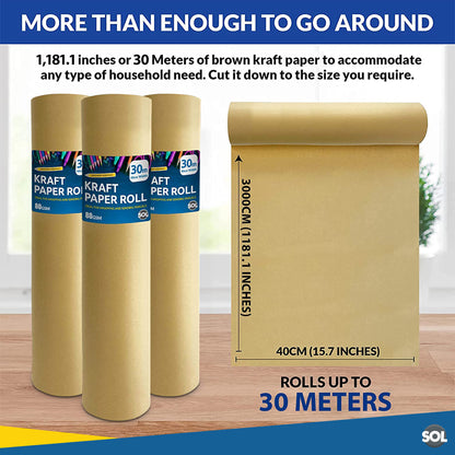SOL 30m Brown Kraft Paper Roll 40cm Wide - 80gsm Strong Wrapping Paper