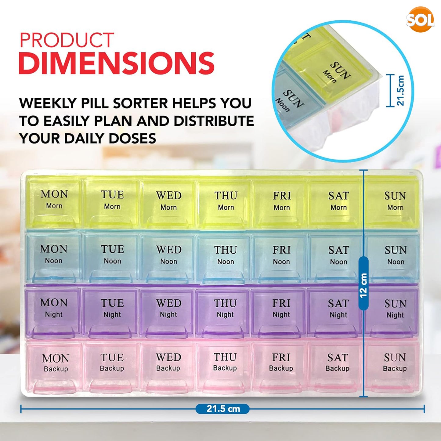 SOL 4pk Weekly Pill Box Organiser - 7 Day 4 Times a Day - Colourful Compartments, Large Storage for Medication, Easy-to-Lift Lids, Travel-Friendly, Ideal for Supplements and Daily Tablet Management