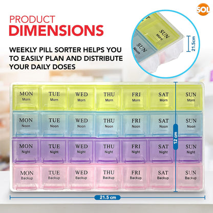 SOL 4pk Weekly Pill Box Organiser - 7 Day 4 Times a Day - Colourful Compartments, Large Storage for Medication, Easy-to-Lift Lids, Travel-Friendly, Ideal for Supplements and Daily Tablet Management