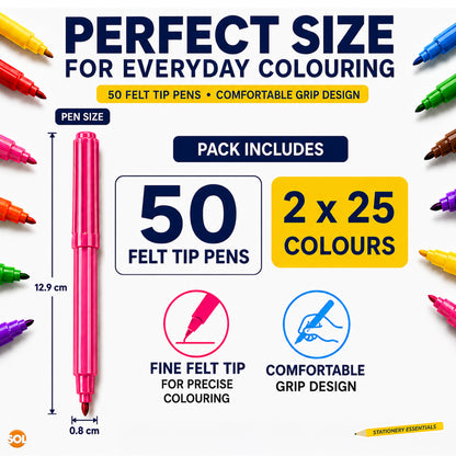 50 Felt Tip Pens for Adults and Kids - 25 Vibrant Colours - 2pk x 25pcs