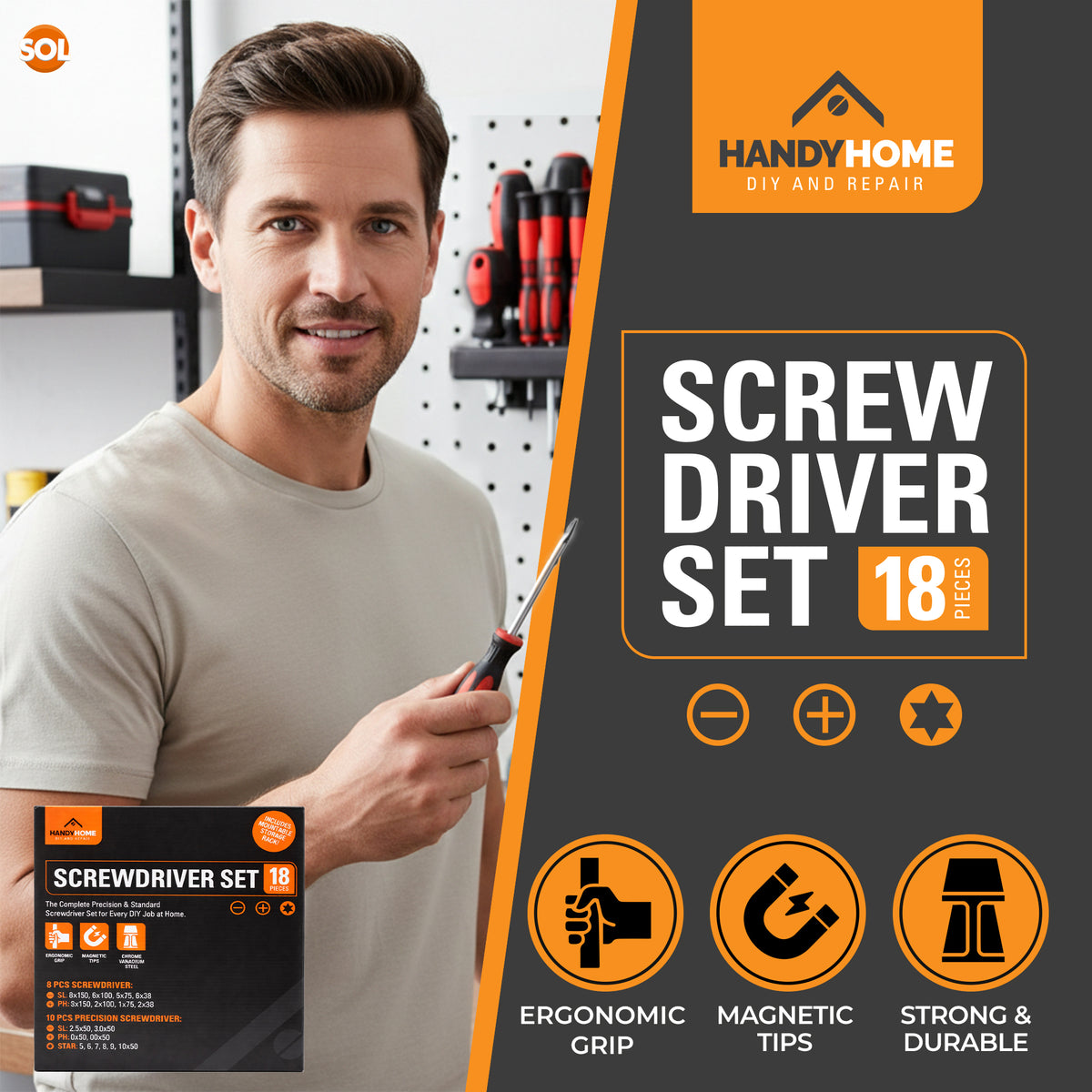 SOL 18pcs Screwdriver Set Includes Flathead and Phillips Screwdrivers for DIY Electronics Home Repairs Mobile Phone Laptop Glasses Repair Compact Hand Tool Kit