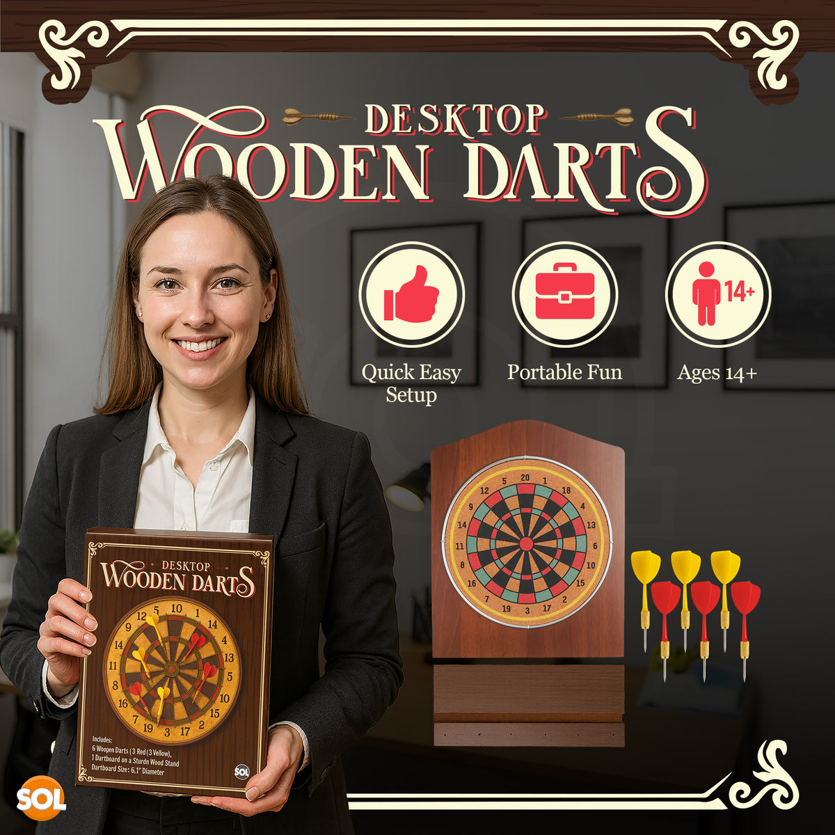 SOL Desktop Wooden Dart Board Set - Compact Tabletop Game for Ages 14+