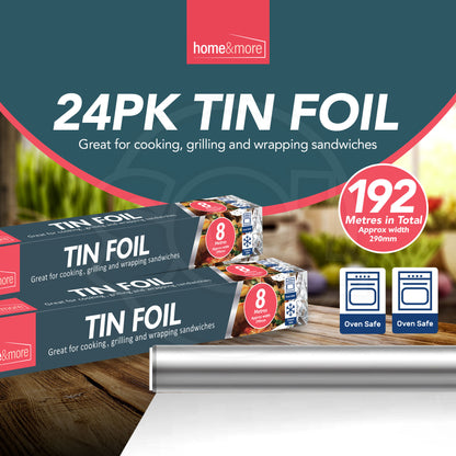 SOL 24pk Tin Foil 192m in Total - 8m x 29cm Large Size - Non-Stick Tin Foil for Wrapping, Grilling, BBQ & Baking – Heavy-Duty Silver Cooking Foil with Cutter