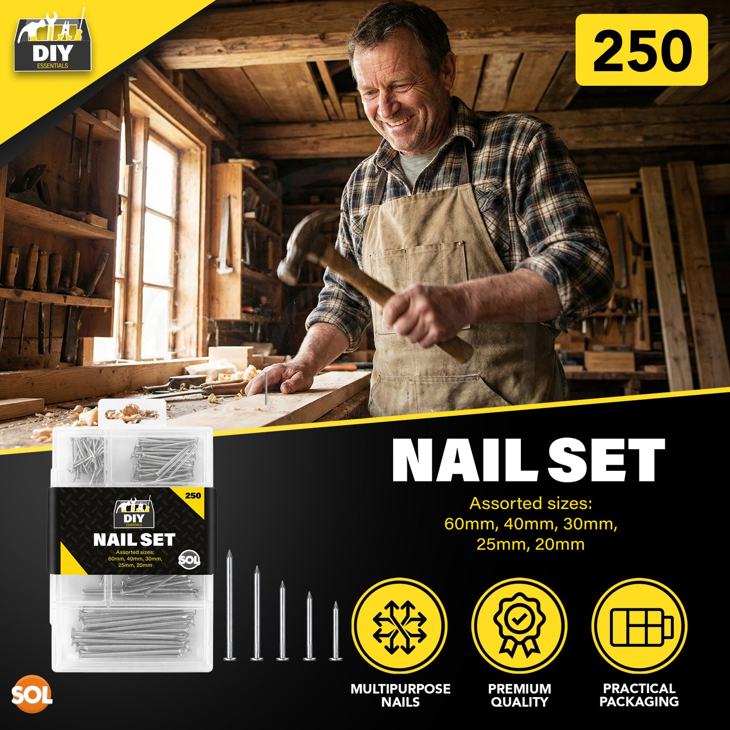 SOL 500pk Nail Set - 60mm, 40mm, 30mm, 25mm, 20mm - Versatile Iron Nails For DIY Projects, Crafting, And Home Décor - Multipurpose Assorted Sizes For Repairs & Woodworking