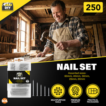 SOL 500pk Nail Set - 60mm, 40mm, 30mm, 25mm, 20mm - Versatile Iron Nails For DIY Projects, Crafting, And Home Décor - Multipurpose Assorted Sizes For Repairs & Woodworking