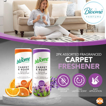 SOL 2pk Assorted Fragranced Carpet Freshener Pet Friendly Odour Eliminator, Carpet Deodoriser Powder Long Lasting Clean & Fresh Fragrance in Lavender and Orange Scents