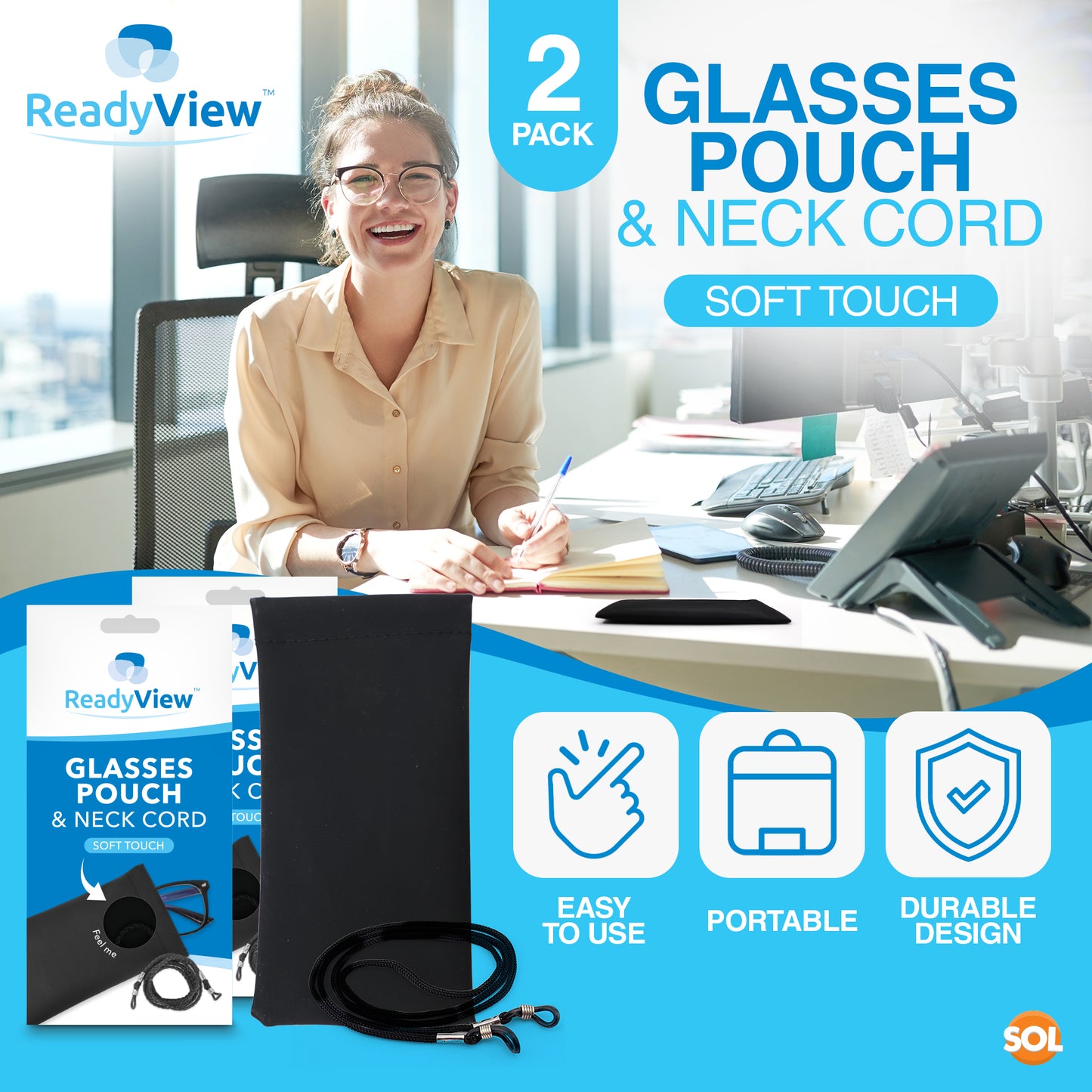 SOL 1pk Sunglasses Pouch & Cord, Soft Glasses Case for Men & Women Sunglasses Protective Glass Bag for Eyewear, Stylish & Durable Soft Pouch as Glasses Pouch & Cord Sticker