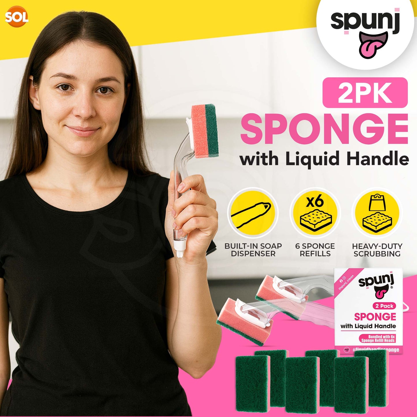 spunj 2 Pack Sponge with Liquid Handle Bundled with 6x Refill Heads - Liquid Handle Sponge for Super Fun Easy Cleaning and Dishwashing, Built in Soap Dispenser & Replaceable Heads