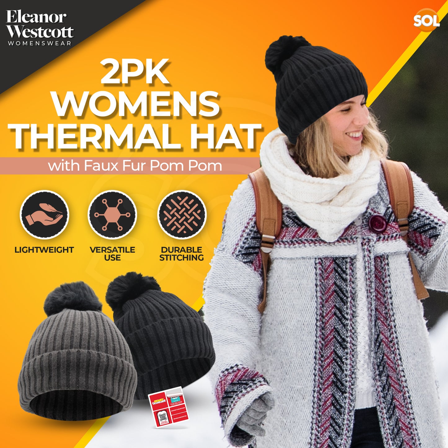 Women's Thermal Bobble Hat | Knitted Beanie with Faux Fur Pom Pom | Winter Warm Outdoor Wear | 2 Pack