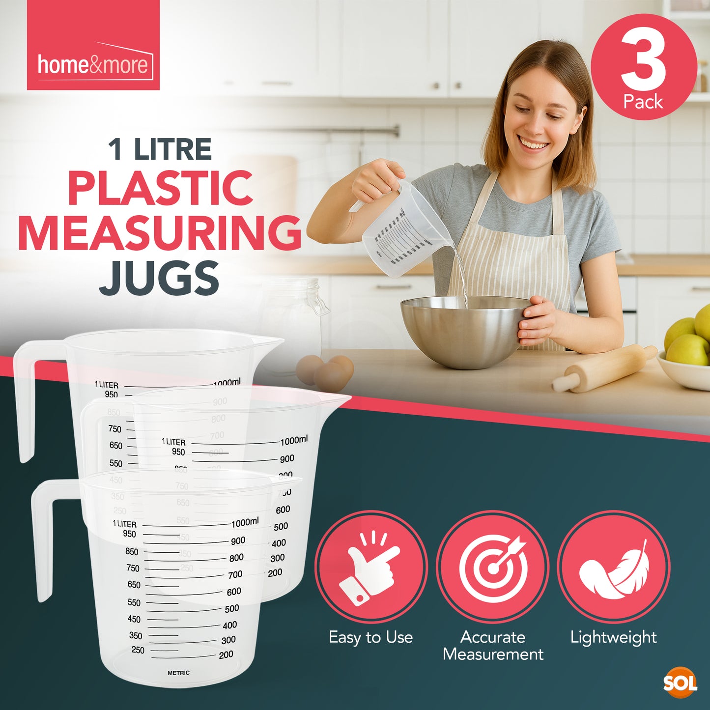 Plastic Measuring Jug 1 Litre | Baking Kitchen Stackable | 3 Pack