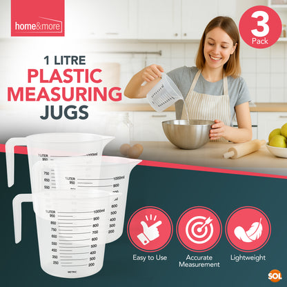 Plastic Measuring Jug 1 Litre | Baking Kitchen Stackable | 3 Pack