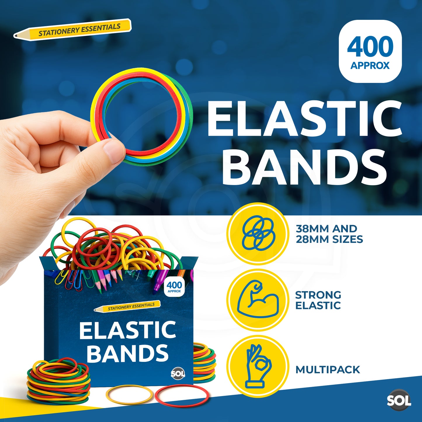Strong Elastic Rubber Bands | Assorted Colours Home School Office | 400 Pack