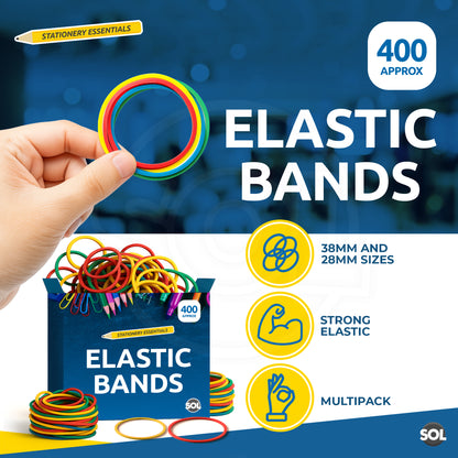 Strong Elastic Rubber Bands | Assorted Colours Home School Office | 400 Pack