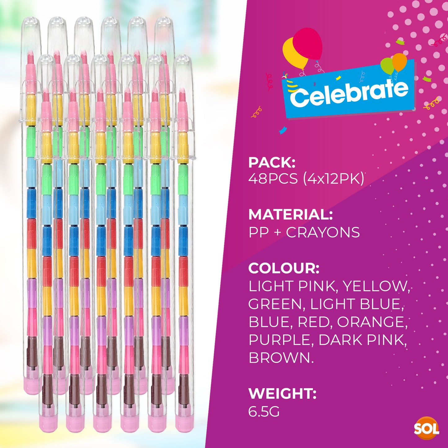 SOL 48pk Rainbow Swap Point Crayons, Twistable Crayons for Party Bags, 10 Assorted Stacking Colour, No Sharpening Required, Durable & Child-Friendly Mess-Free Colouring, Ideal Party Favour & Fillers