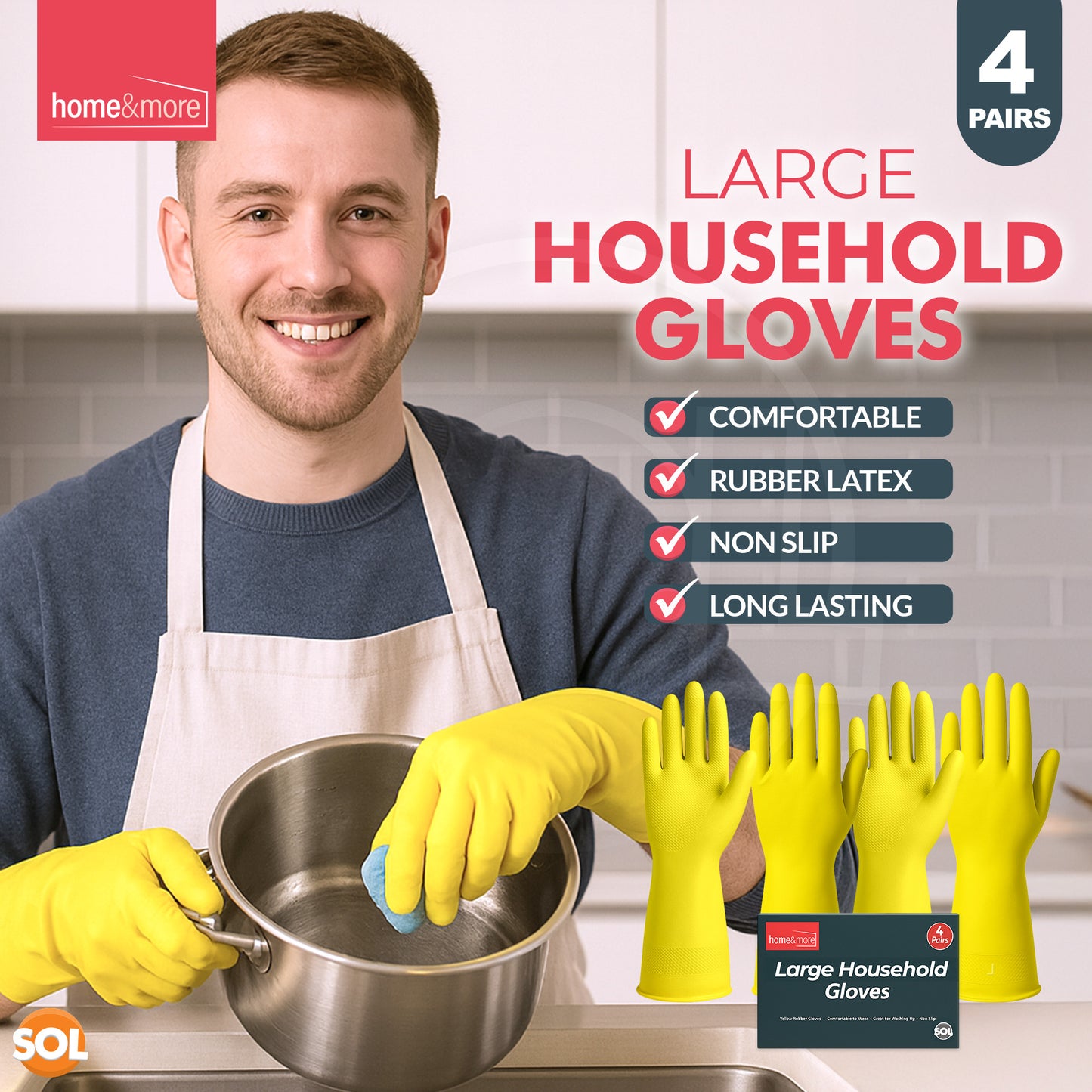 Rubber Gloves Large | Long Sleeve Household Washing Up | 4 Pairs