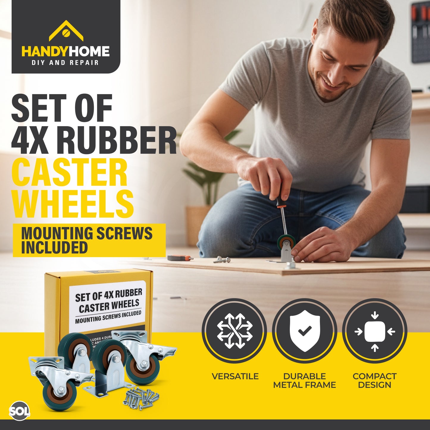 SOL 4pk Rubber Caster Wheels with 16 Nails - Smooth Rolling Castors