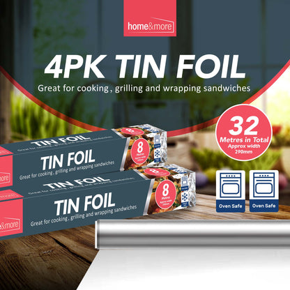 SOL 4pk Tin Foil 32m in Total - 8m x 29cm Large Size - Non-Stick Tin Foil for Wrapping, Grilling, BBQ & Baking – Heavy-Duty Silver Cooking Foil with Cutter