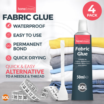 SOL 4pk x 50ml Fabric Glue Strong with Spreader & Tape Measure - Scout Badge Adhesive for Crafts, Upholstery, Material, Textile, Felt or Wool - Waterproof, Flexible, Fast Drying, Durable Bond
