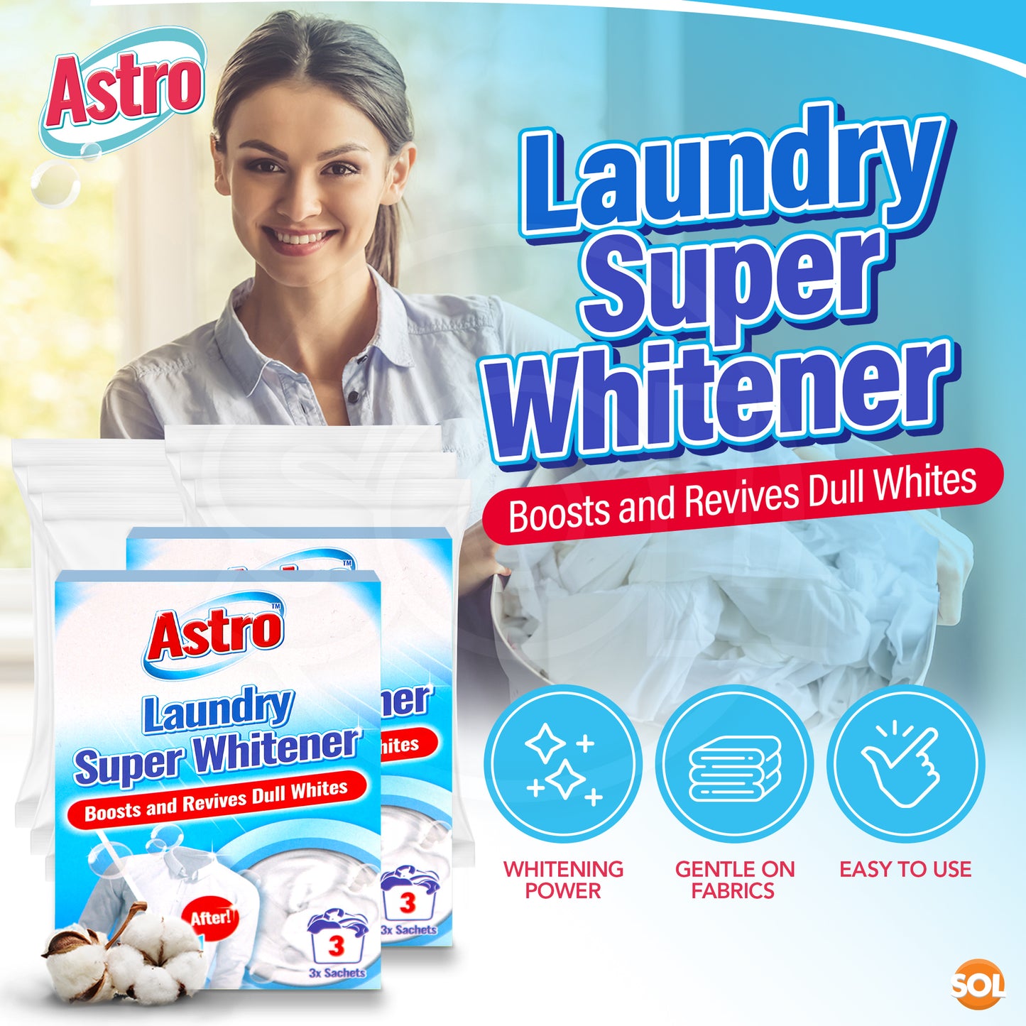 6pk Laundry Super Whitener Oxi White Washing Powder 2 x 3 Sachets All Fabrics