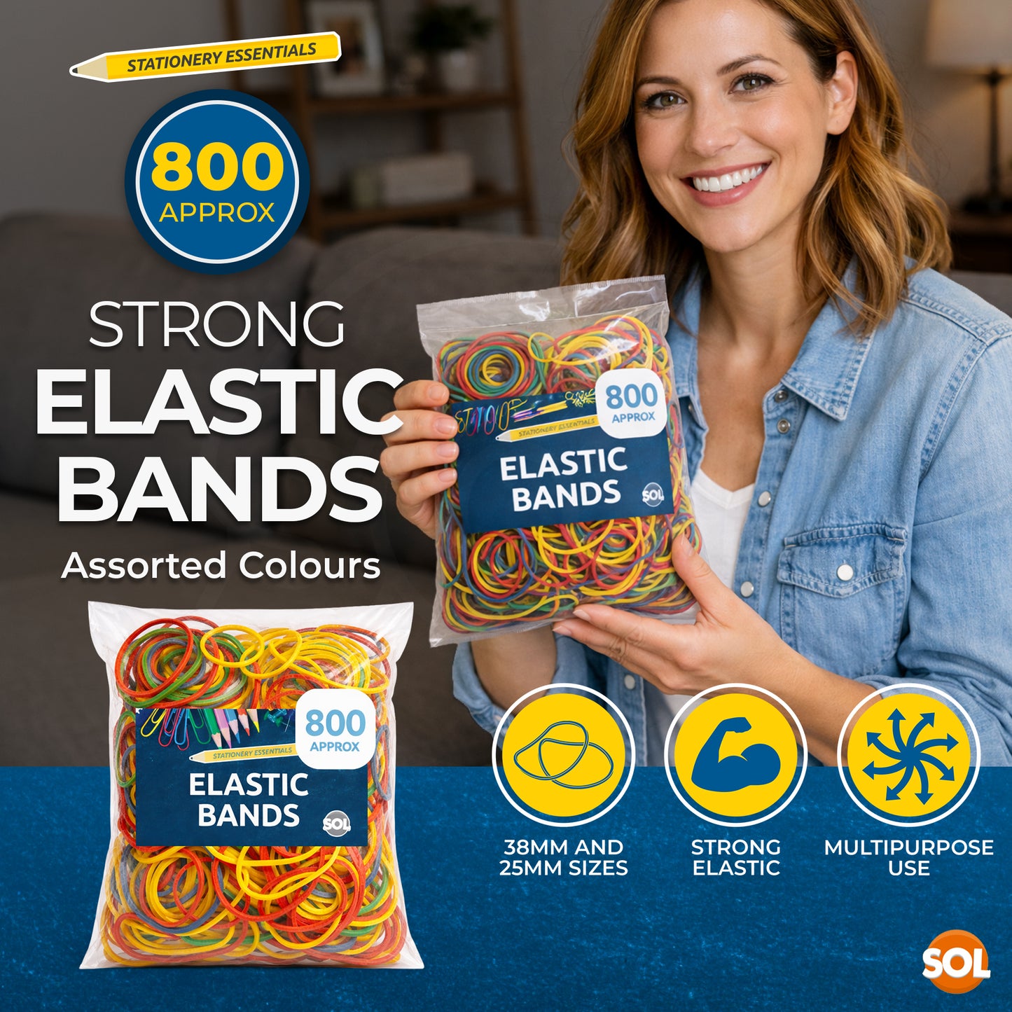 Strong Elastic Rubber Bands | Assorted Colours Home School Office | 800 Pack
