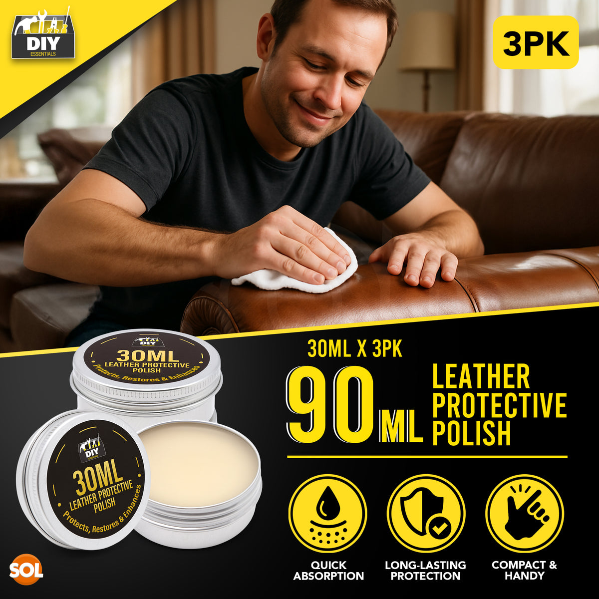 SOL 90ml Leather Protective Polish - Restores Shine and Colour