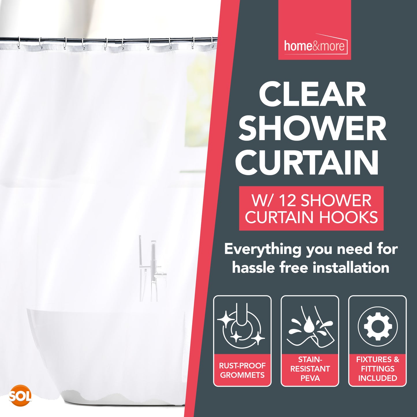 Shower Curtains Clear with Ring Hooks 180 x 180 cm Bathroom Waterproof Polyester