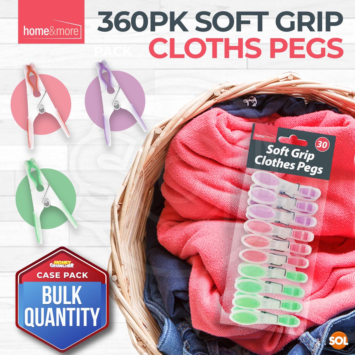 360 Pack Soft Grip Clothes Pegs | 12 x 30pk Plastic Washing Line Pegs | Strong Laundry Pegs with Non-Marking Grip | Heavy Duty Clothes Line Pegs in Red, Lavender & Green | Durable Rust-Resistant Outdoor Pegs
