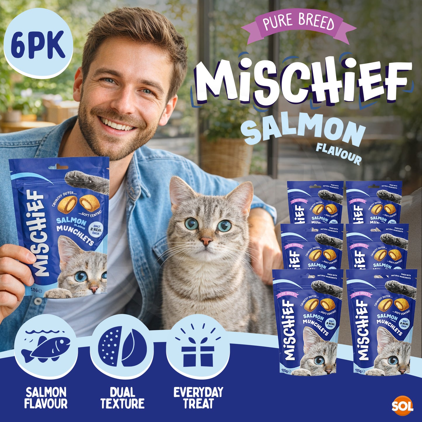 6-12pk Cat Pillow Chews Salmon Crunchy Cat Treats 125g Training Bulk Snack