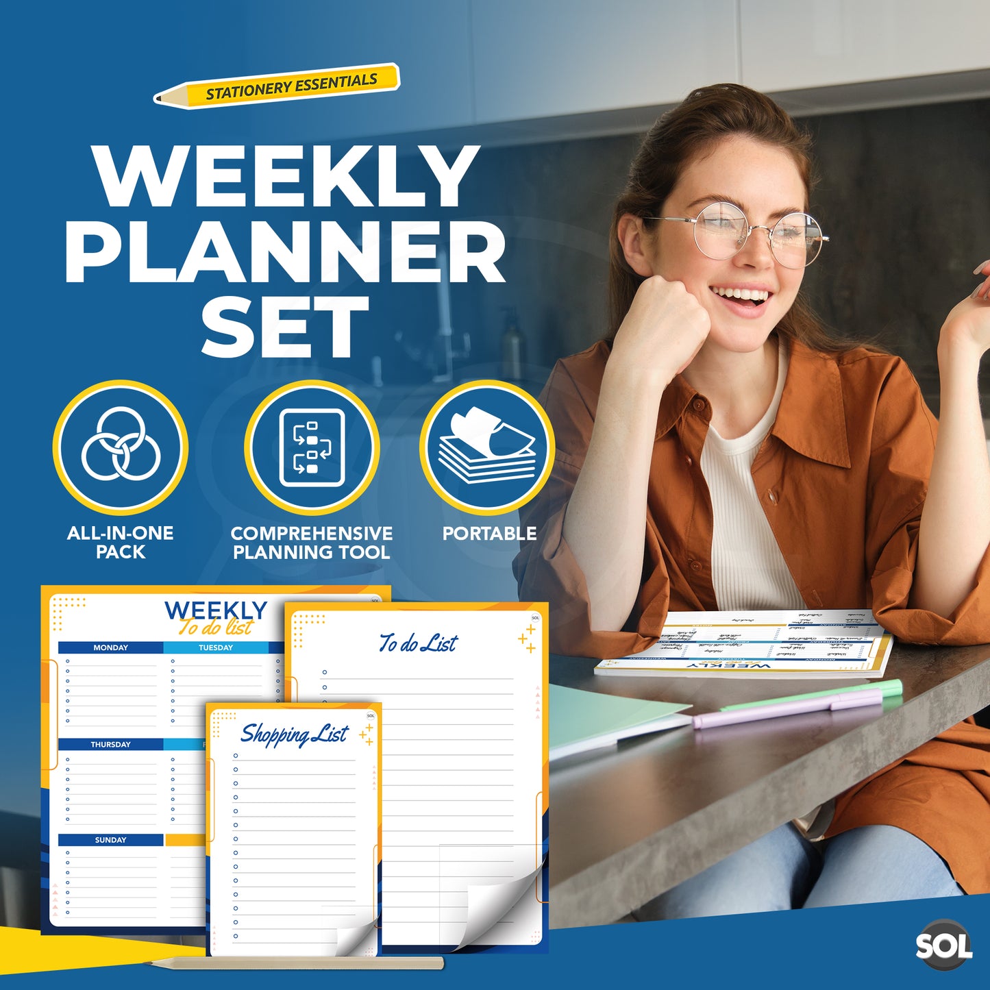 SOL 3-in-1 Weekly Planner, To do List & Shopping List Pad Set, Tear-off 50 Sheets Each, Minimalist Desk Organiser for Productivity, Tasks, Planning Schedule for Home & Office Use