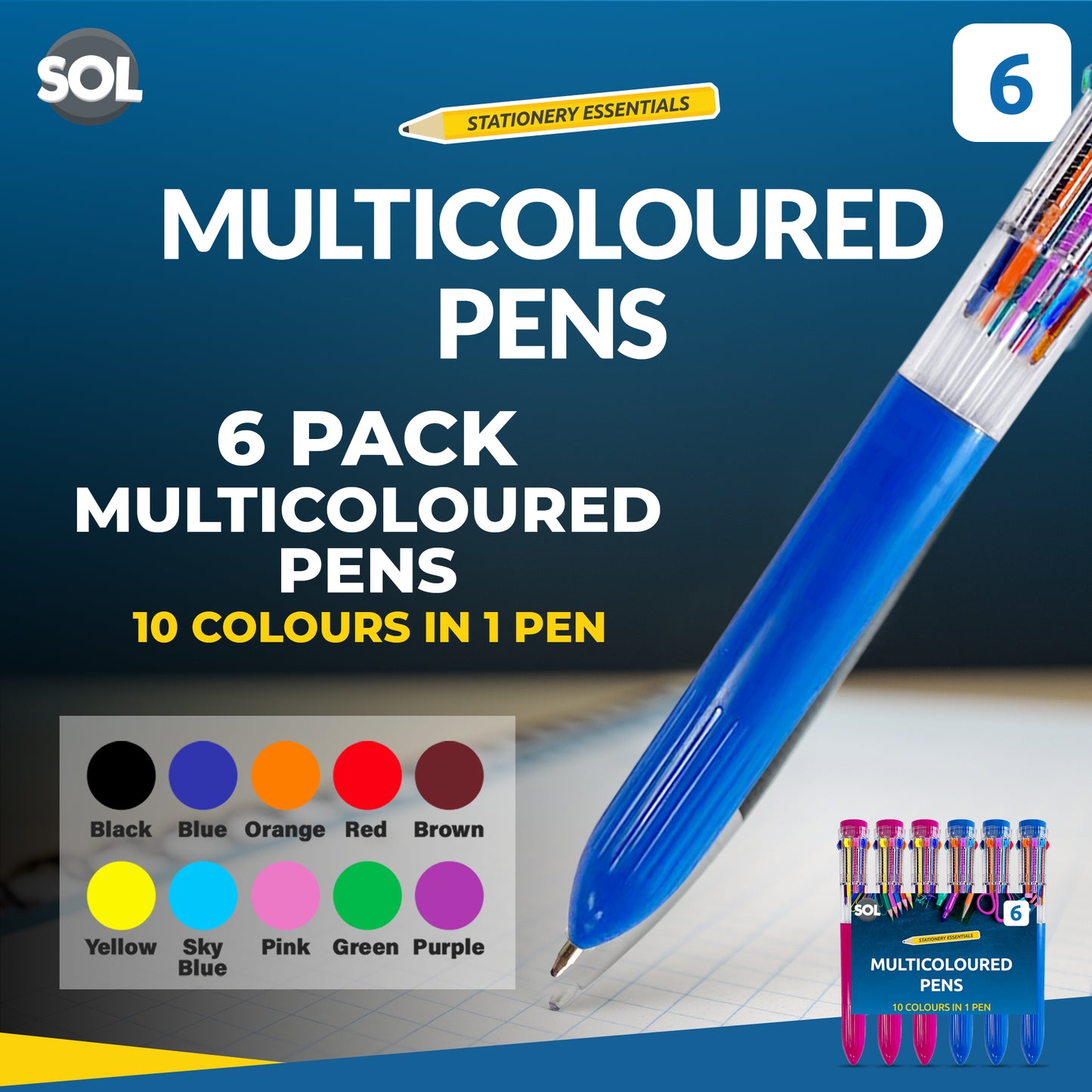 6pk Jumbo 10-in-1 Multi Colour Pens Retractable Ball Point Pen Drawing & Writing