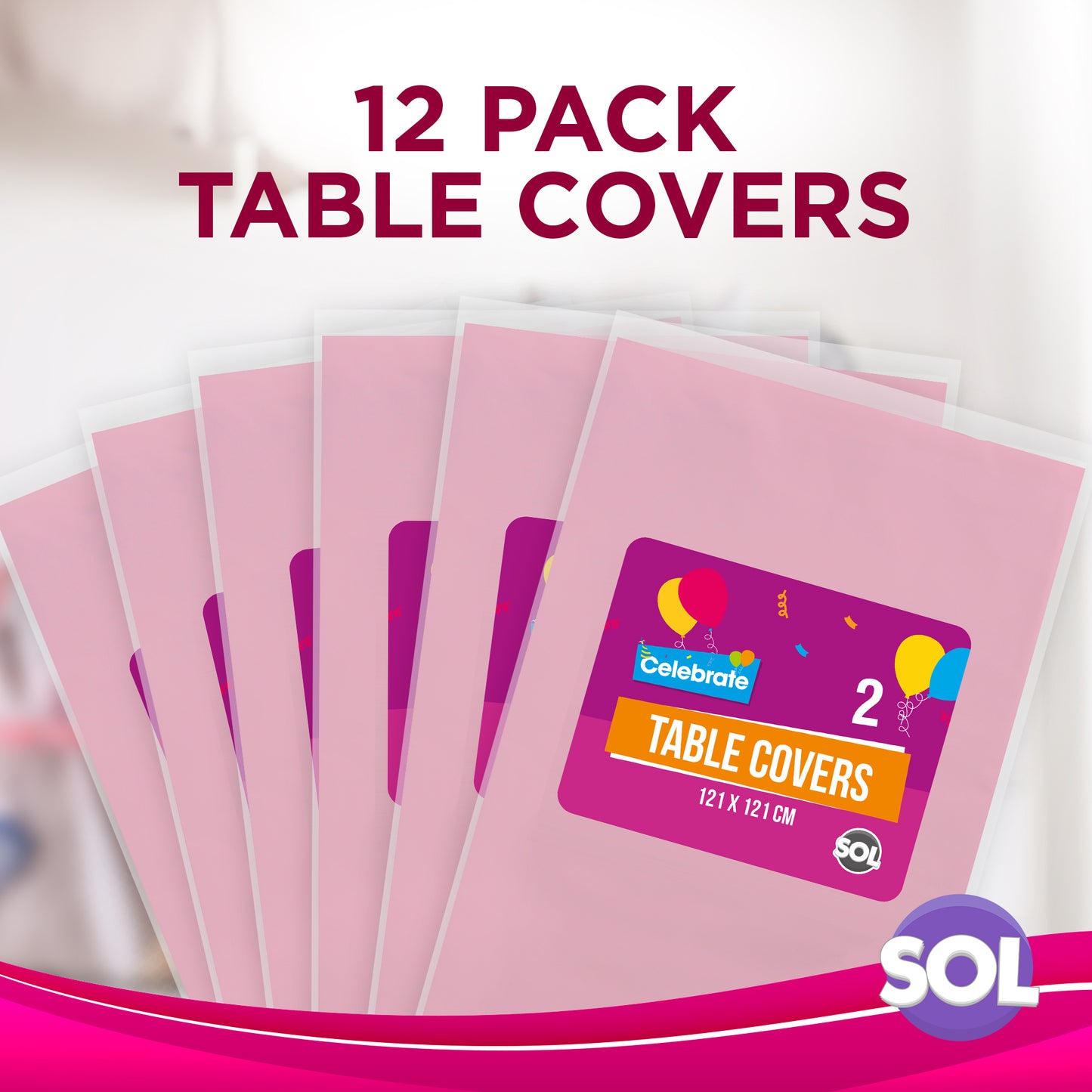 SOL 12pk Pink Table Cloths Party 121x121cm Plastic Cover Disposable for Parties - Heavy Duty Spill Protection - Opaque Design for Weddings, Buffets, Catering, Outdoor Events, Gender Reveals & More