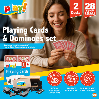 Playing Cards & Dominoes Game Set | 2 Pack Plastic Coated Cards + 28 Dominoes